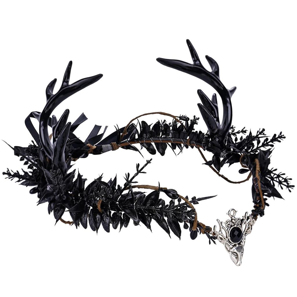MOSTORY Gothic Black Antler Crown - Dark Elf Headpiece Forest Fairy แถบคาดศีรษะ Fae Deer Horns Circl