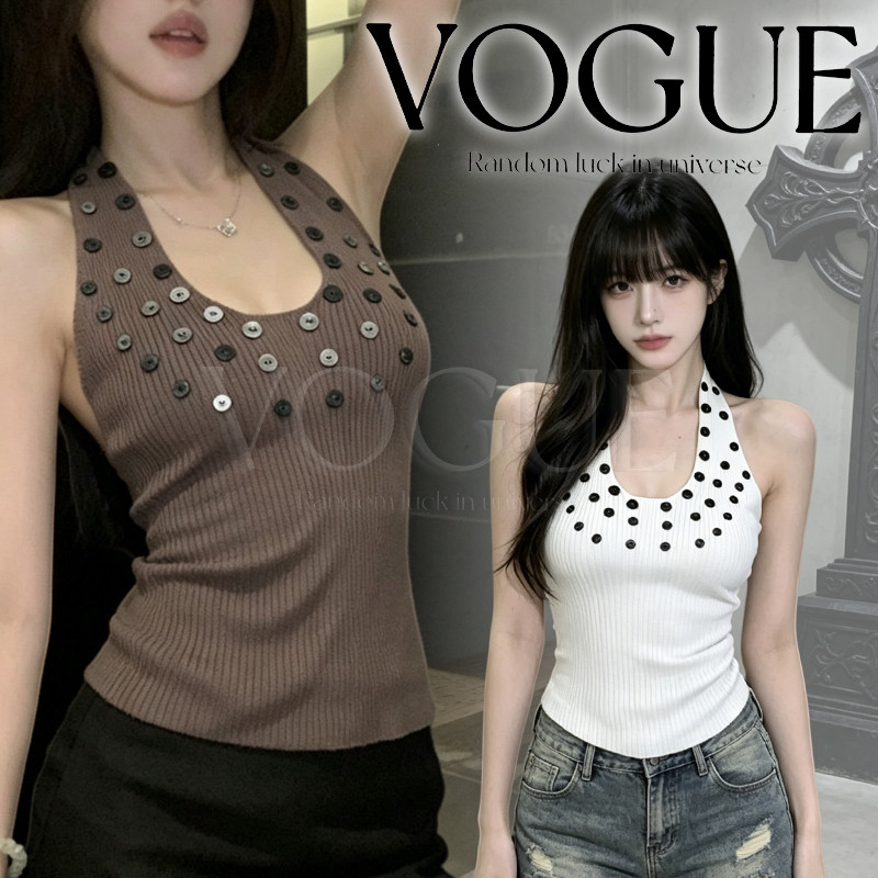 Vogue🌟พร้อมส่ง🌟 เสื้อไหมพรมคล้องคอ แต่งกระดุมตรงคอยืดตามตัว ใส่สบายผ้าไม่หนา (M11136)