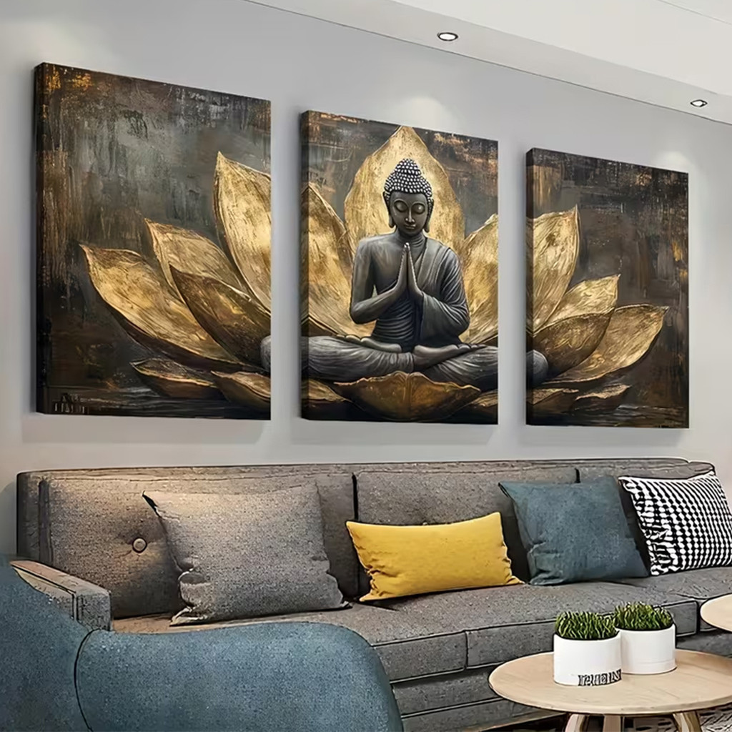 ชุดภาพประดับผนัง 3D ดอกบัวสีทอง 3 ชิ้น สไตล์หรูหราโมเดิร์น ตกแต่งห้องนั่งเล่น