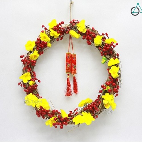 [BEAUTIFUL THICK HANDMADE] แหวนแขวนประตู Tet พร้อมดอกไม้แอปริคอท swirled สีแดง เส้นผ่านศูนย์กลาง 38c