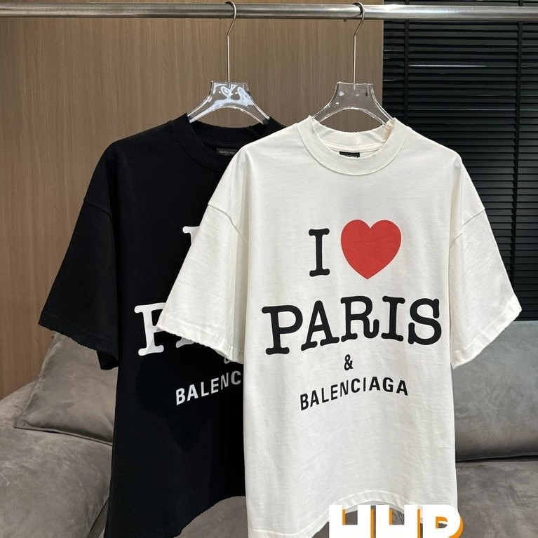 [รุ่นที่ถูกต้อง] น้ําหนัก 380g น้ําหนัก Balenc1ag @/Paris FW24 Letter Love พิมพ์รอบคอแขนสั้นเสื้อยืด