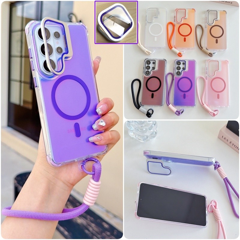 เคสแม่เหล็กพร้อมฟิล์มเลนส์สําหรับ Samsung Galaxy S26 S25 S24 Ultra Plus S25 FE A57 A56 A36 A26 A17 กันกระแทกพร้อมเชือกเส้นเล็ก