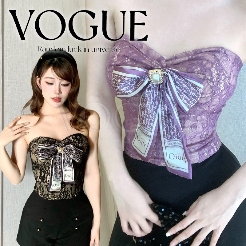 Vogue🌟พร้อมส่ง🌟 เสื้อเกาะอก ผ้าลูกไม้มีเข็มกลัดโบว์ เข้ารูปมีสามสีสไตล์เกาหลี (FY5656)