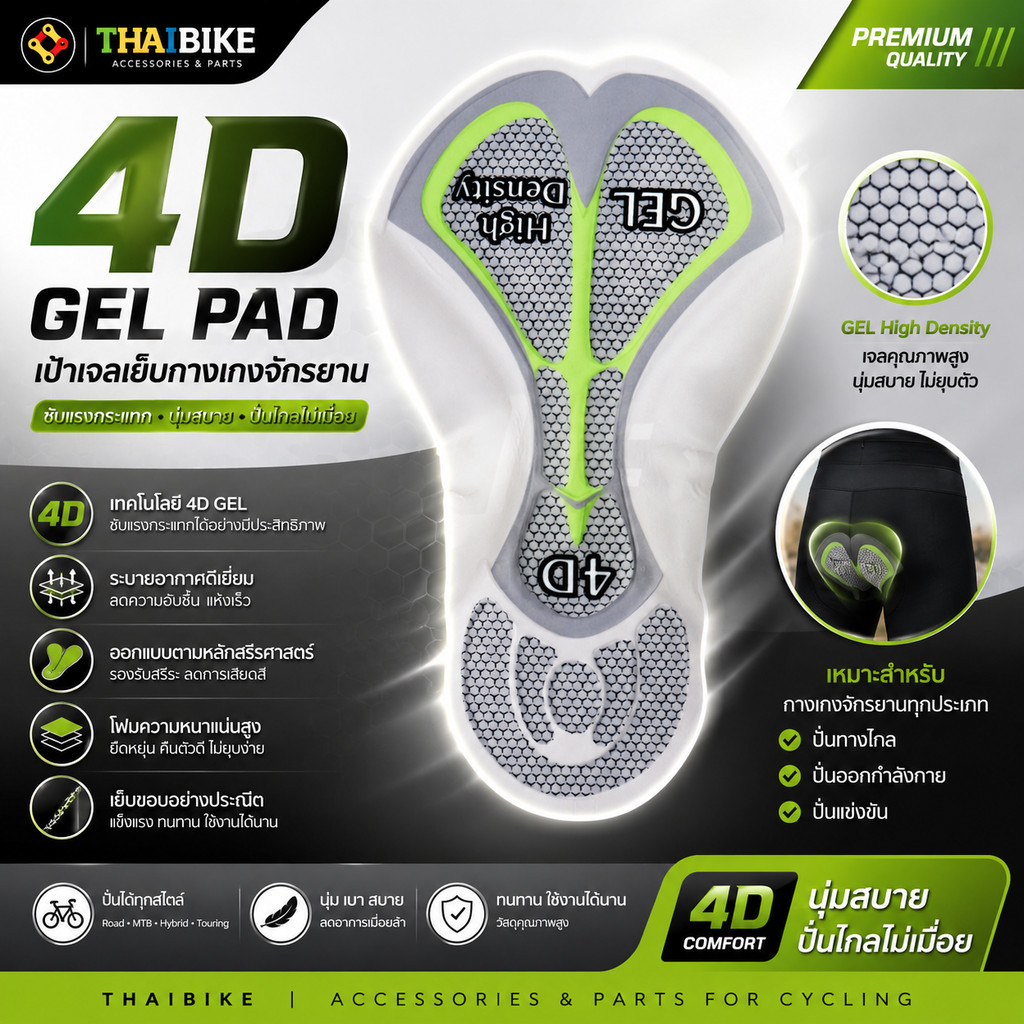เป้าเจลเย็บกางเกงจักรยาน THAIBIKE 3D/4D/5D/12D/20D ใส่ได้ชายหญิง ขนาด 34.5×22ซม. เลือกรุ่นธรรมดา/รุ่นมีรูระบายอากาศ
