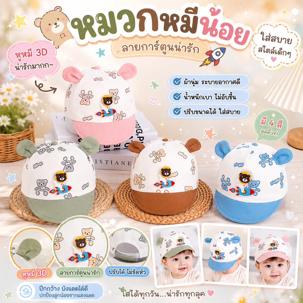 หมวกเด็กพิมพ์ลายการ์ตูน มีหู แฟชั่นน่ารัก สำหรับเด็กชายและเด็กหญิง นุ่ม หมวกเด็กปีก น่ารักสุดๆ มาใหม่ SF01
