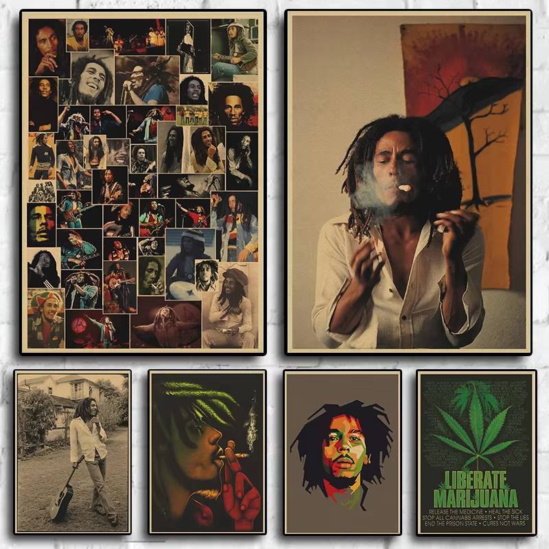 Bob Marley Vintage นักร้อง Rock Reggae Art โปสเตอร์ผ้าใบไร้กรอบใช้ได้กับห้องนั่งเล่นนอร์ดิกตกแต่งห้องนอน