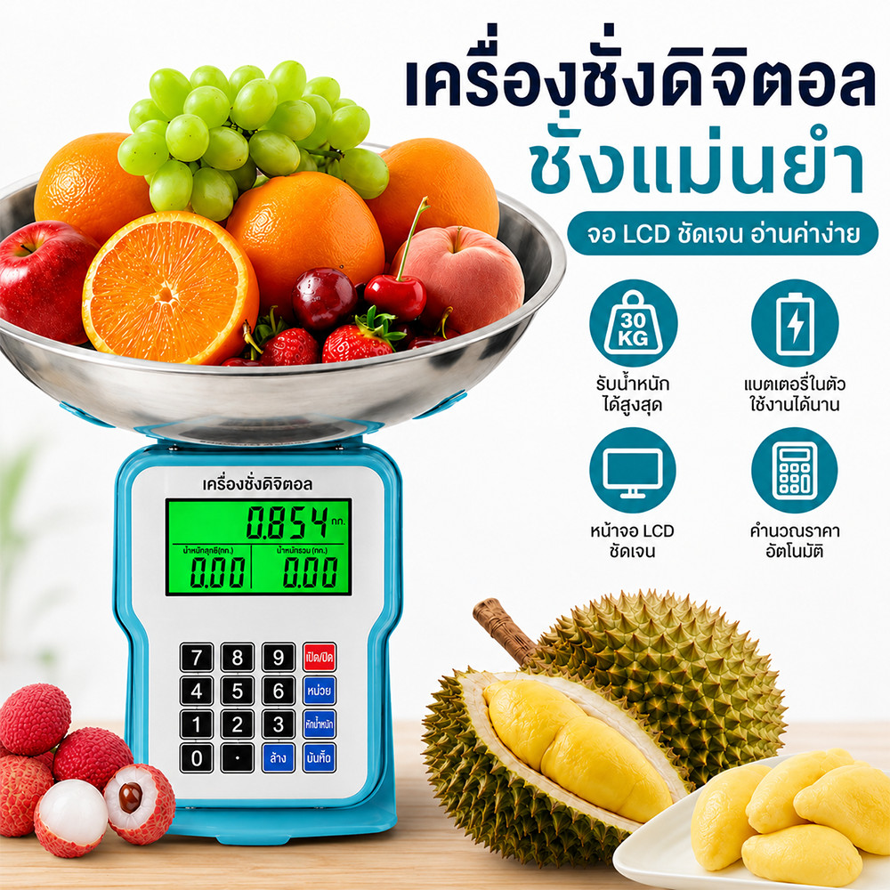 เครื่องชั่งดิจิตอล 30kg ตาชั่งสแตนเลส กันน้ำ เครื่องชั่งคํานวณราคา หน้าจอ LED แม่นยำสูง สำหรับร้านค้า