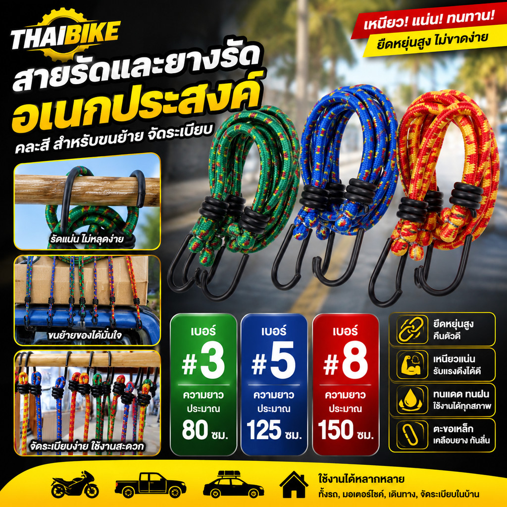สายรัดและยางรัดอเนกประสงค์ 3ฟุต 5ฟุต 8 ฟุต คละสี สำหรับขนย้าย จัดระเบียบ