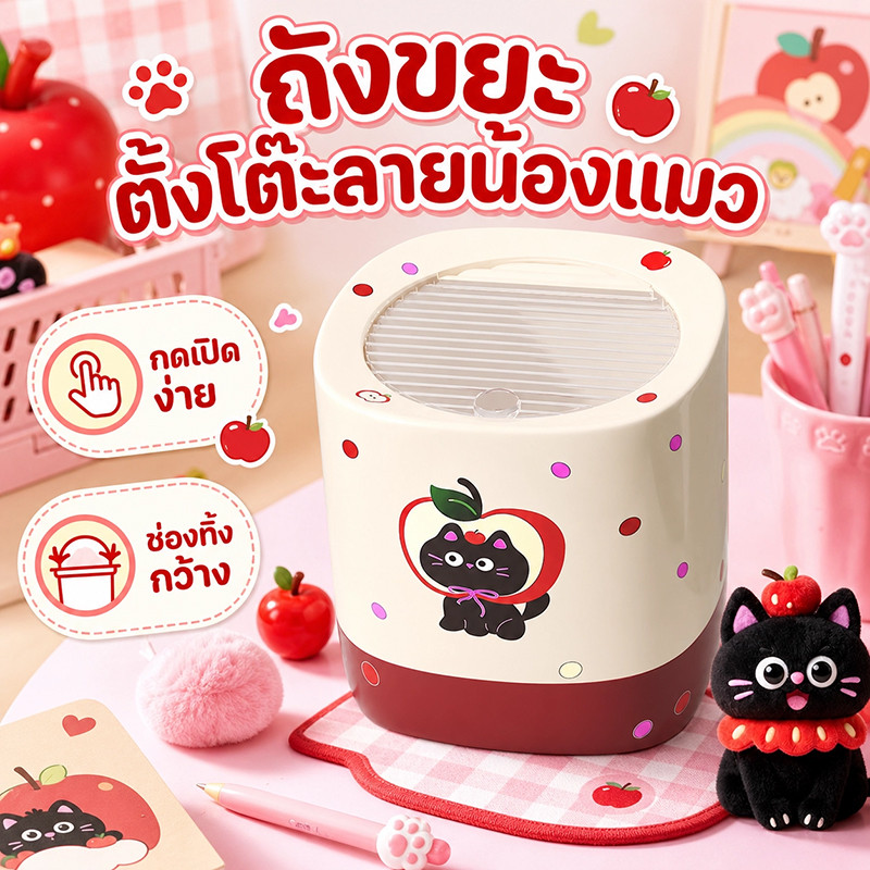 ถังขยะตั้งโต๊ะ รูปภาพแมวตัวน้อยน่ารัก ขนาดเล็ก มีฝาปิด  ฝาเปิด-ปิดแบบกด อเนกประสงค์