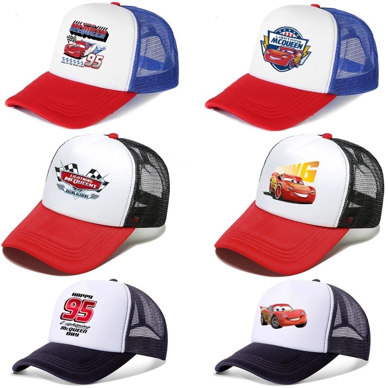 CARS หมวกเบสบอล Lightning McQueen พิมพ์ลาย Minnie ระบายอากาศ โพลีเอสเตอร์ตาข่าย ปรับขนาดได้ กันแดด ของขวัญวันเกิด