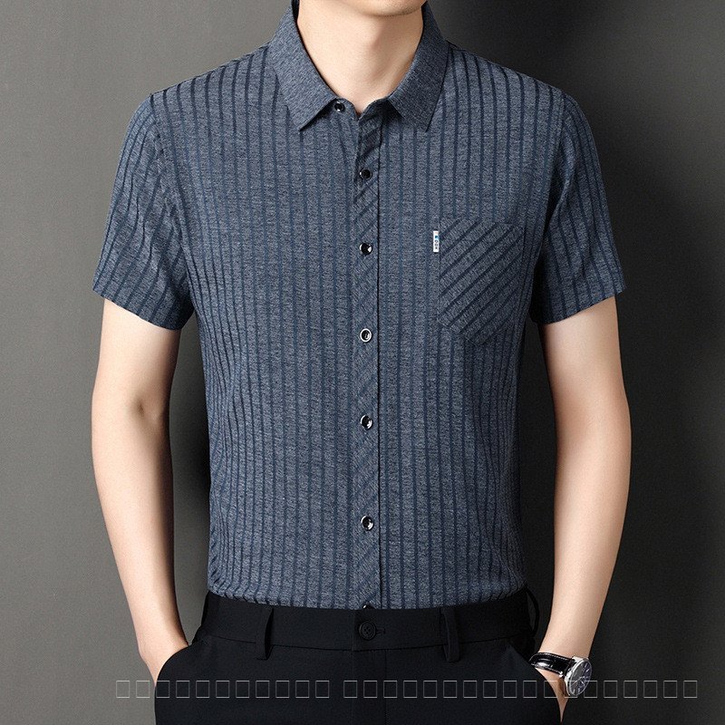เสื้อเชิ้ตแขนสั้นผู้ชายผ้าไหมหม่อน High-End ผู้ชายวัยกลางคน Loo