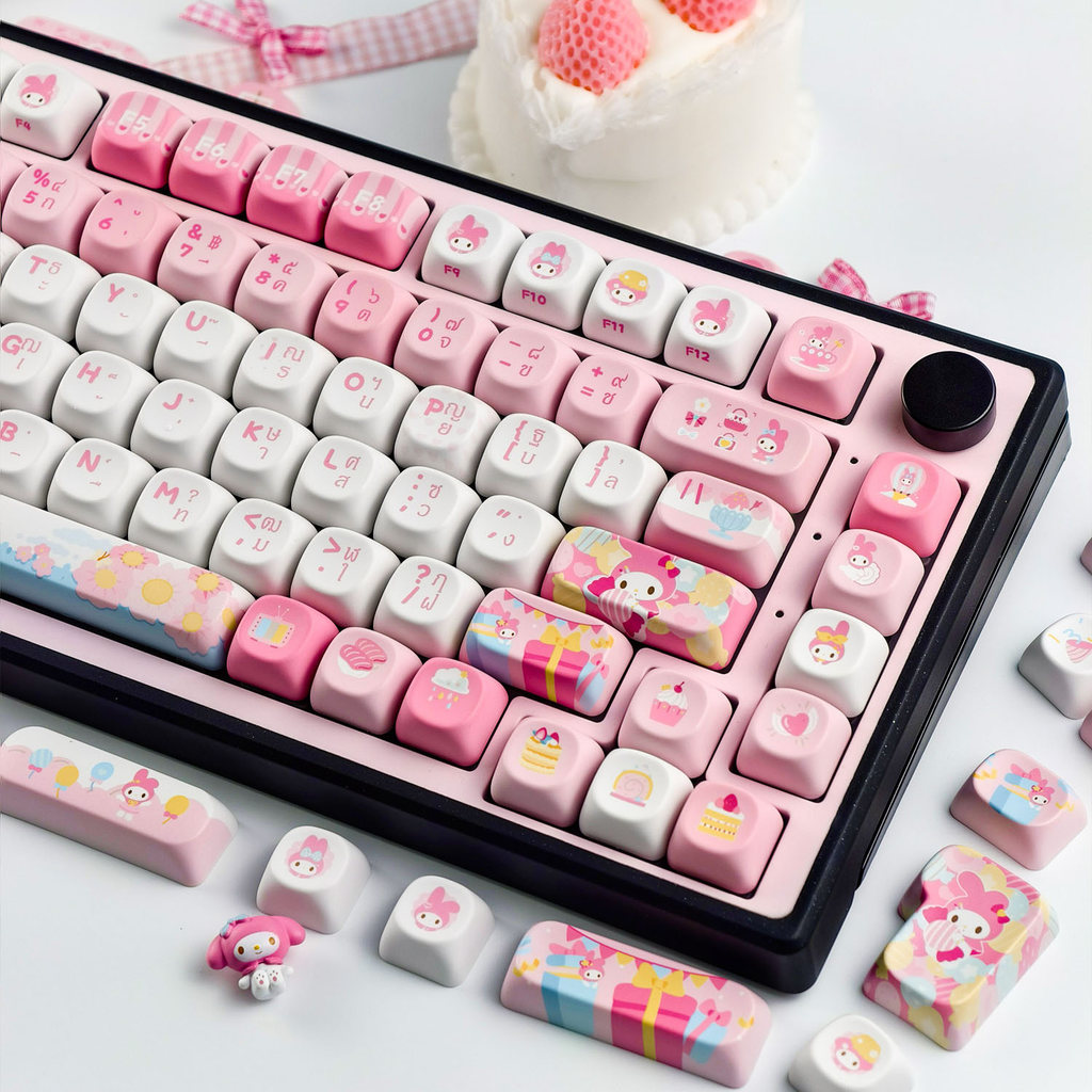 MAIMOOO สีชมพู Sanrio Melody Keycap MOA/เชอร์รี่โปรไฟล์ 120 คีย์ PBT Dye Sublimation Mechanical Keycap น่ารัก My Sweet Pianoo My Melody ภาษาอังกฤษ/ไทย/KR Keycaps