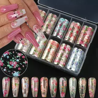 DSTH 10 ม้วนเล็บฟอยล์ชุดดอกไม้ Rose Transfer กระดาษผีเสื้อดอกไม้ Sliders สําหรับ DIY เล็บ Salon เครื่องมือตกแต่งบ้านร้อน