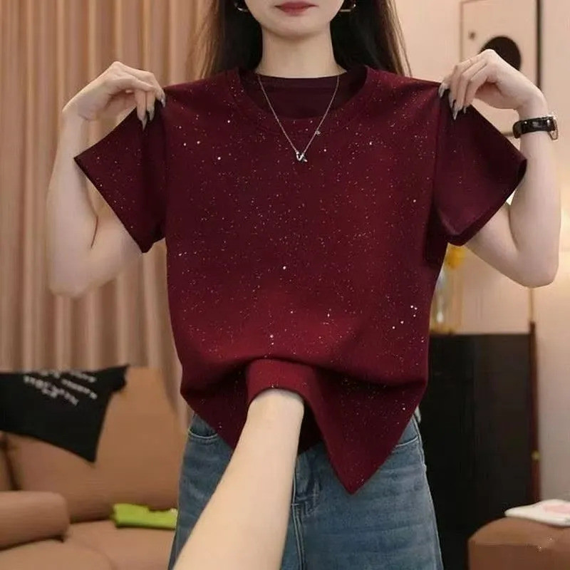 Yueyue Y ชุดสีม่วงองุ่นขนาดใหญ่ Gypsophila เสื้อยืดแขนสั้นหญิงการออกแบบรู้สึกฤดูร้อนอย่างเป็นทางการไ