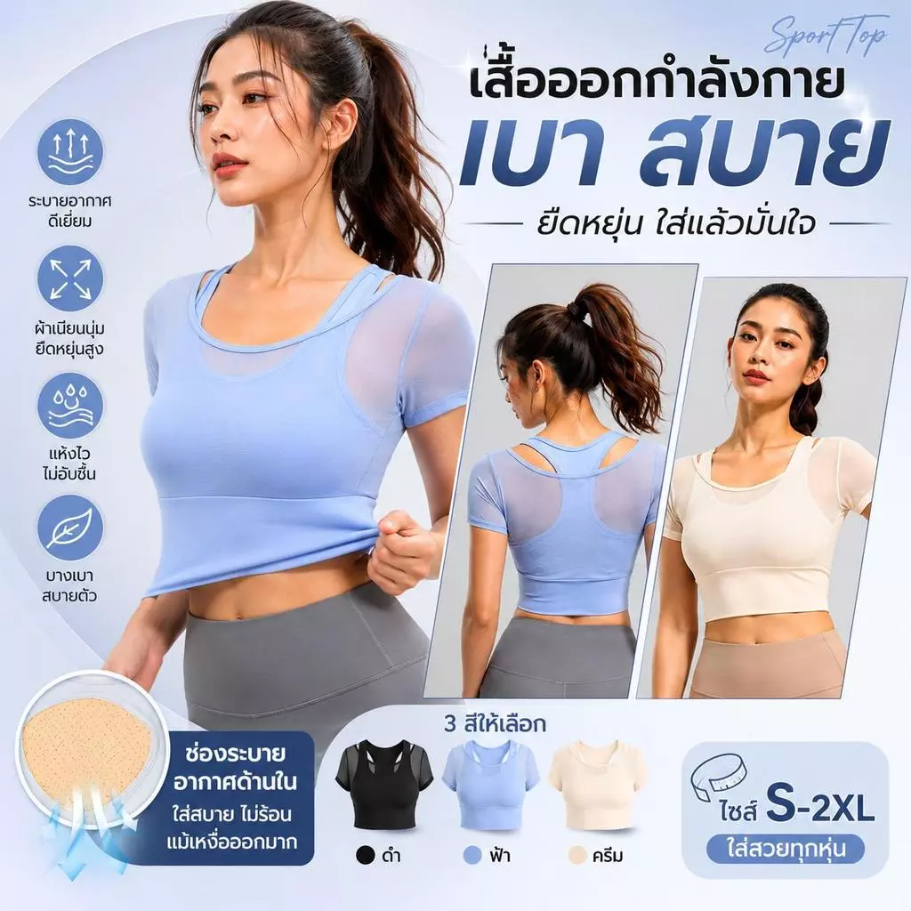 สปอร์ตบราในตัว เสื้อฟิตเนสผู้หญิง เสื้อออกกำลังกายแขนสั้น เสื้อโยคะซีทรู ครอปออกกำลังกาย ผู้หญิง S-2XL