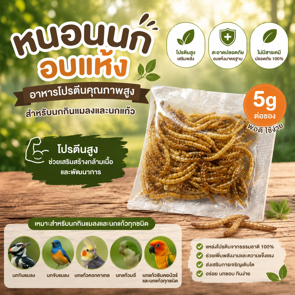 Parrot.Thailand หนอนนกอบแห้ง เกรดพรีเมียม 5g โปรตีนสูง เสริมพลังงาน สำหรับนกกินแมลง นกแก้ว คอกคาเทล ซันคอนัวร์