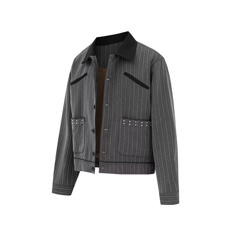 Retro Old Money Style Lapel Rivets เสื้อแจ็คเก็ตลายสั้นผู้ชายหล่อเสื้อลําลอง