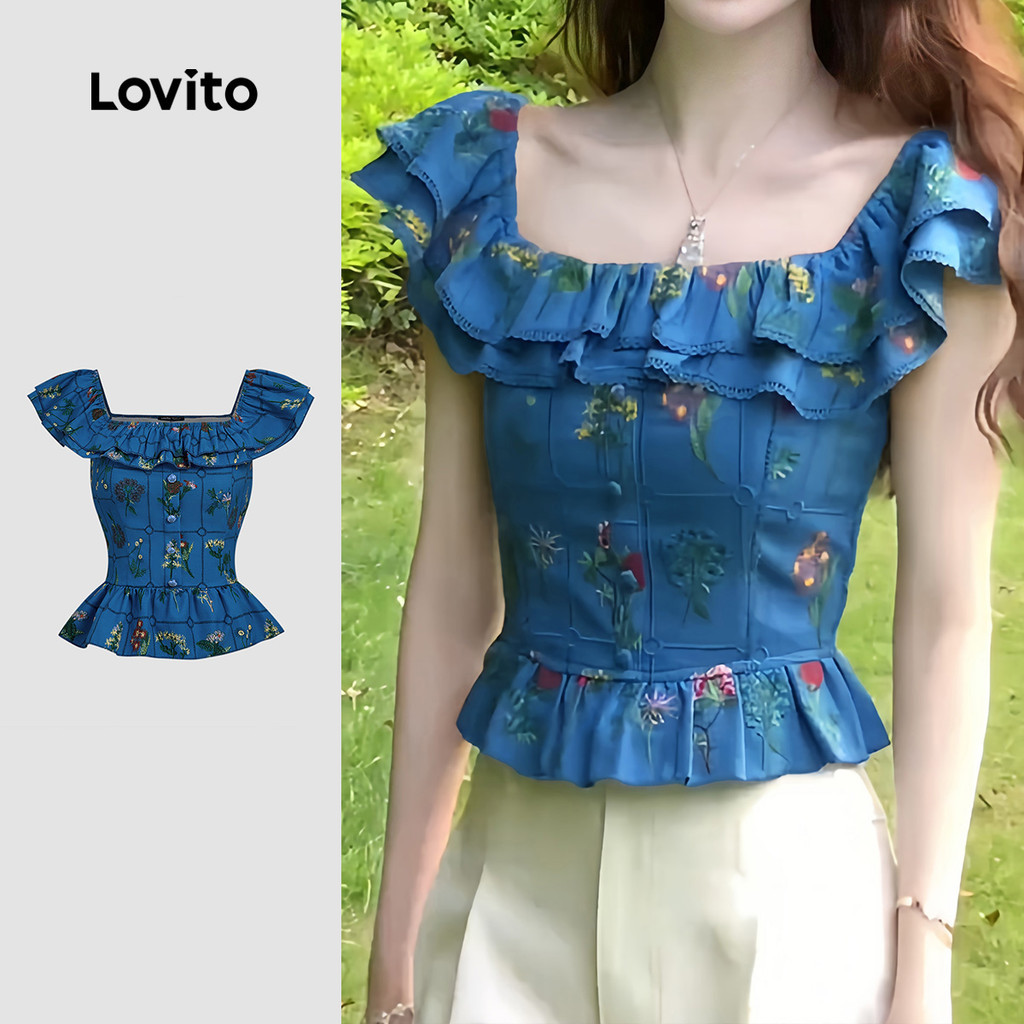 Lovito เสื้อเบลาส์ผู้หญิง ลายริ้วหรูหรา ท็อปสุดชิคสําหรับฤดูใบไม้ผลิ/ฤดูร้อน สีฟ้าเทา L184ED067