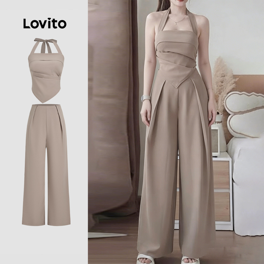 Lovito เสื้อหรือกางเกงลำลองทรงไม่สมมาตรระบาย สำหรับฤดูใบไม้ผลิและฤดูร้อน สีกากี สำหรับผู้หญิง LK3ED622