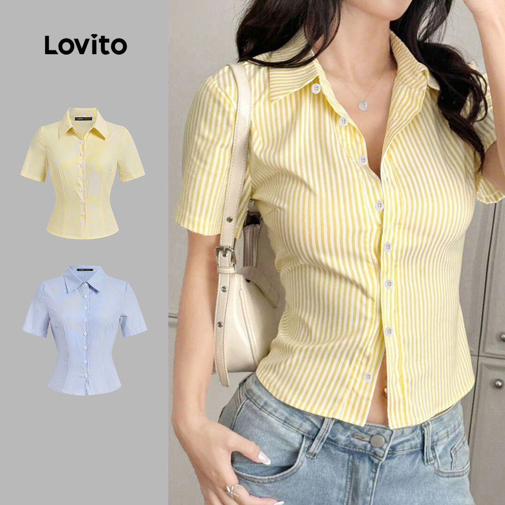 Lovito เสื้อบลาซ่าคอปกแบบลำลอง มีปุ่ม สวมใส่ได้ในช่วงฤดูใบไม้ผลิ/ฤดูร้อน สีเหลืองอ่อน สำหรับผู้หญิง L143AD628