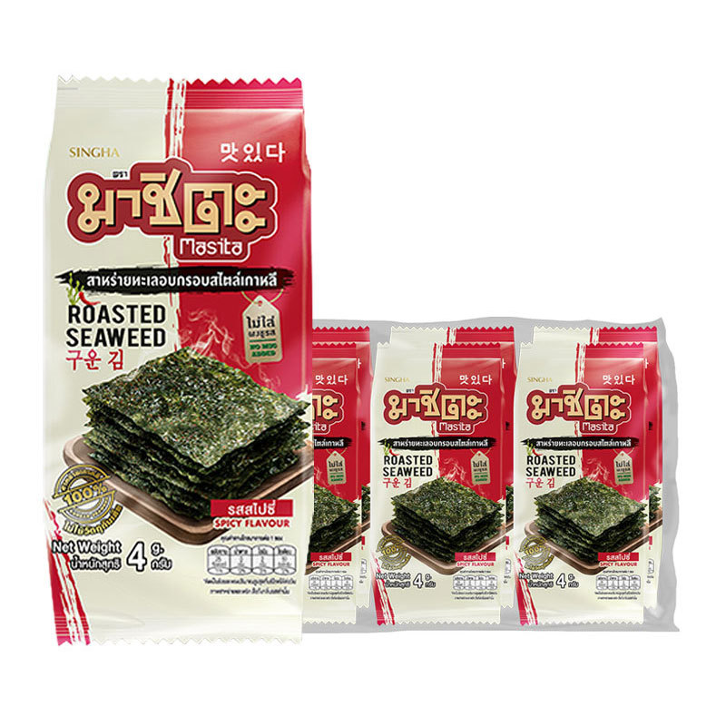 มาชิตะ สาหร่ายทะเลอบกรอบเกาหลี รสสไปซี่ 4 ก. x 6 (MASITA Roasted Seaweed Spicy Flavour 4 g x 6)