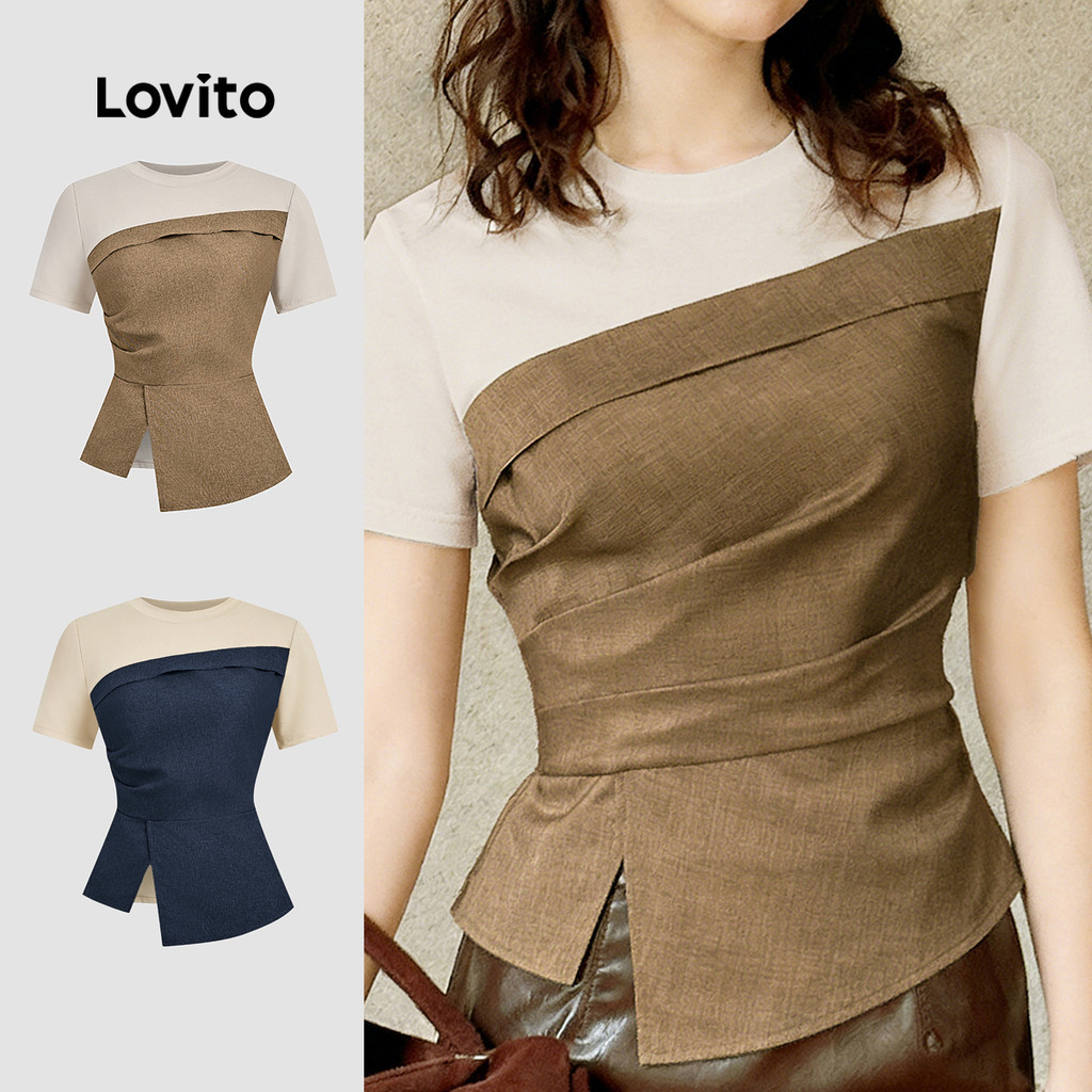 Lovito Elegant เสื้อเบลาส์ผู้หญิงผ้าเย็บสีบล็อกสําหรับฤดูใบไม้ผลิ/ฤดูร้อน L170ED120