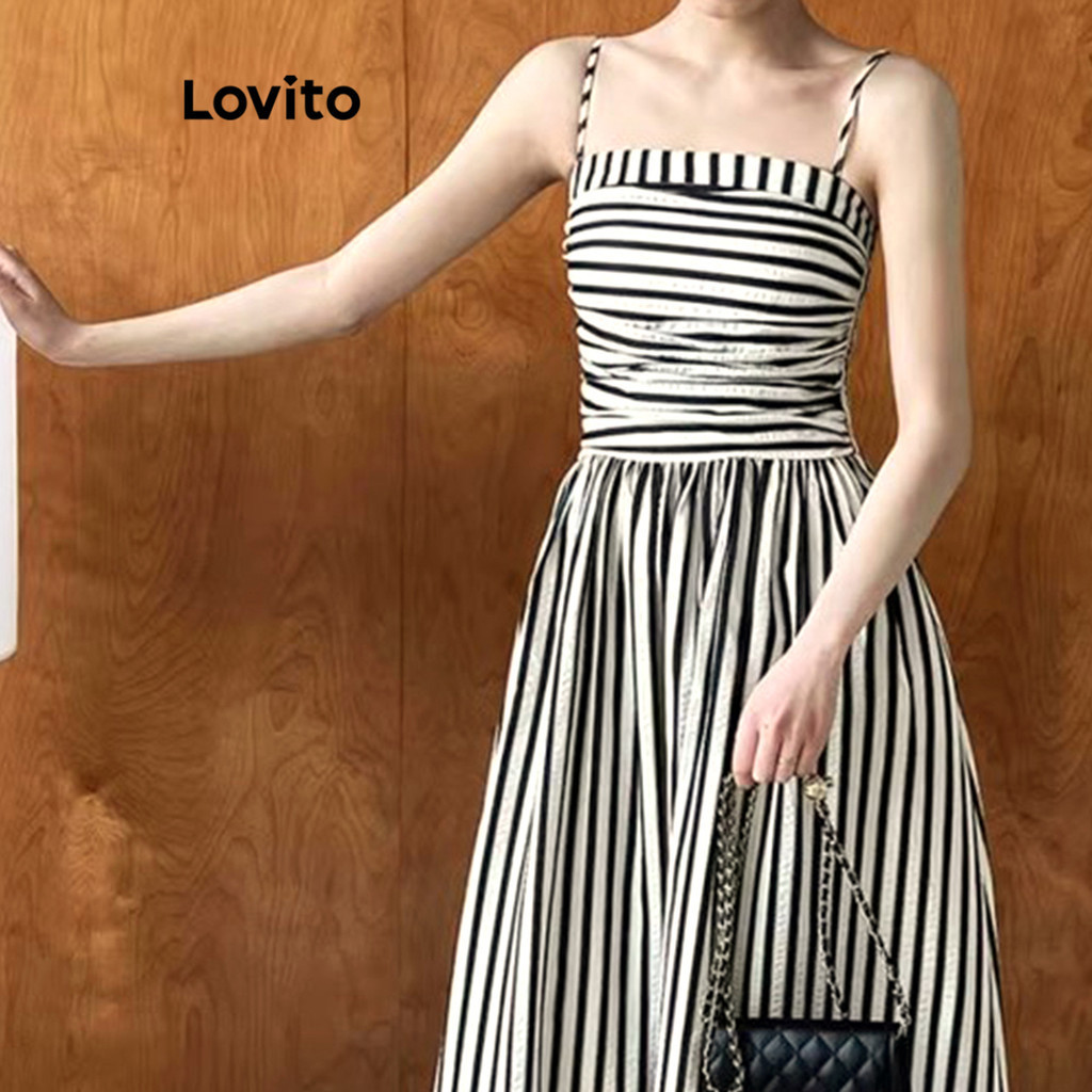 (แคชชวล) Lovito ชุดเดรสลายทาง ยักไหล่ สําหรับผู้หญิง L121MD302