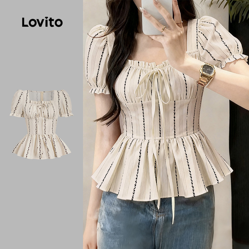 Lovito เสื้อเชิ้ตผู้หญิงทรงหลวม ลายเส้น ดอกไม้ สําหรับฤดูใบไม้ผลิและฤดูร้อน L184ED881
