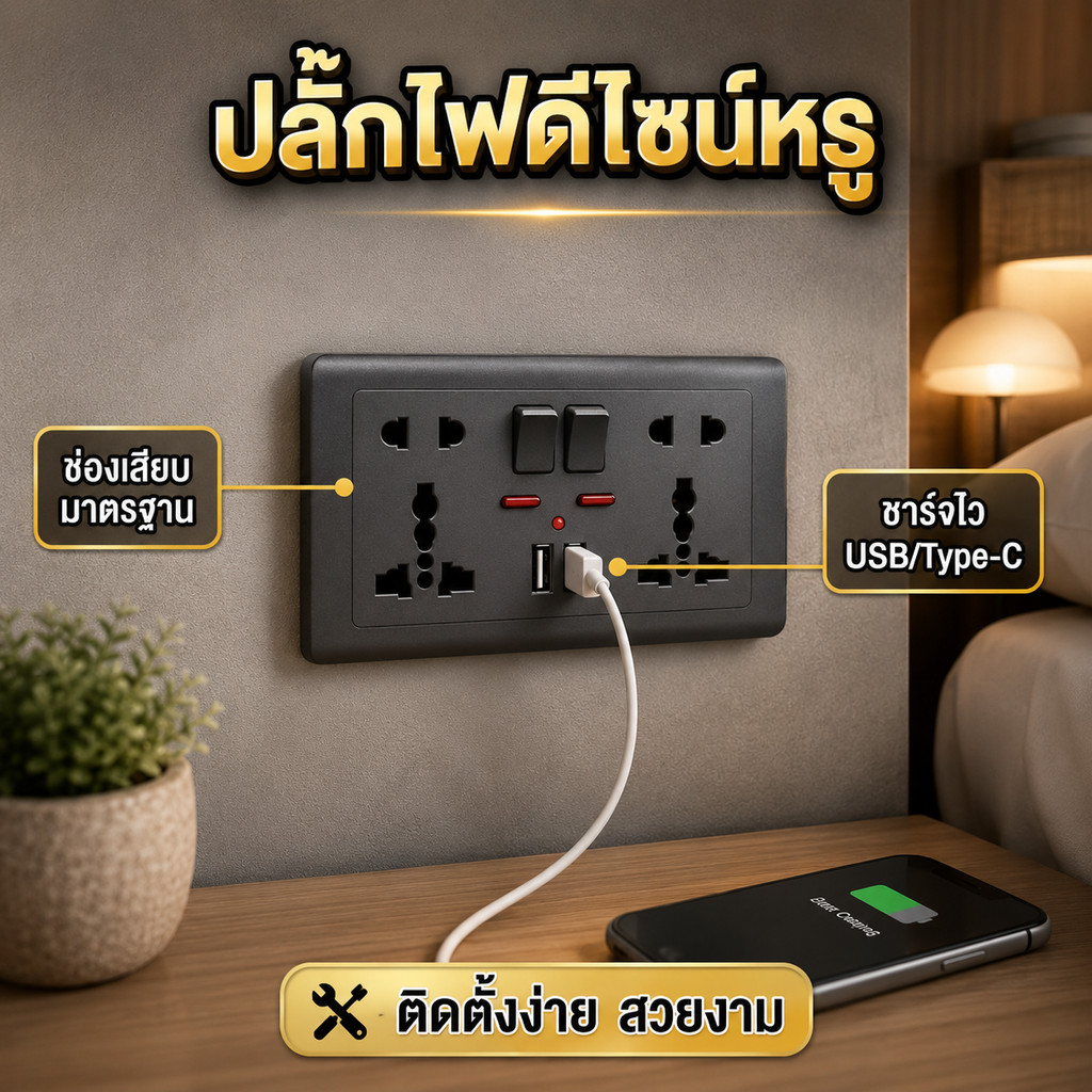 เต้ารับไฟฟ้าแบบฝังผนัง/พื้นอเนกประสงค์ 2 ช่อง 5 รู พร้อม USB คู่ 146 พิน สีขาว พร้อมอินเทอร์เฟซ Type-C ประกอบด้วยแผง, กล