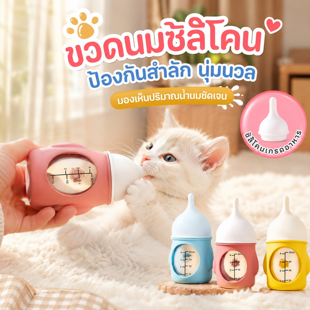 🍼ขวดนมสัตว์เลี้ยง 80/20ml วัสดุซิลิโคน+PP ใช้กับลูกแมวและลูกสุนัขแรกเกิด ป้องกันสำลัก จุกนมแมว