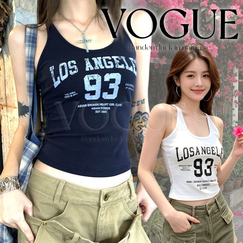 Vogue🌟พร้อมส่ง🌟 เสื้อสายเดี่ยวคอยู สกรีนเลข93 สไตล์สตรีทสีสด เข้ารูปทรงสวย (FY7055)