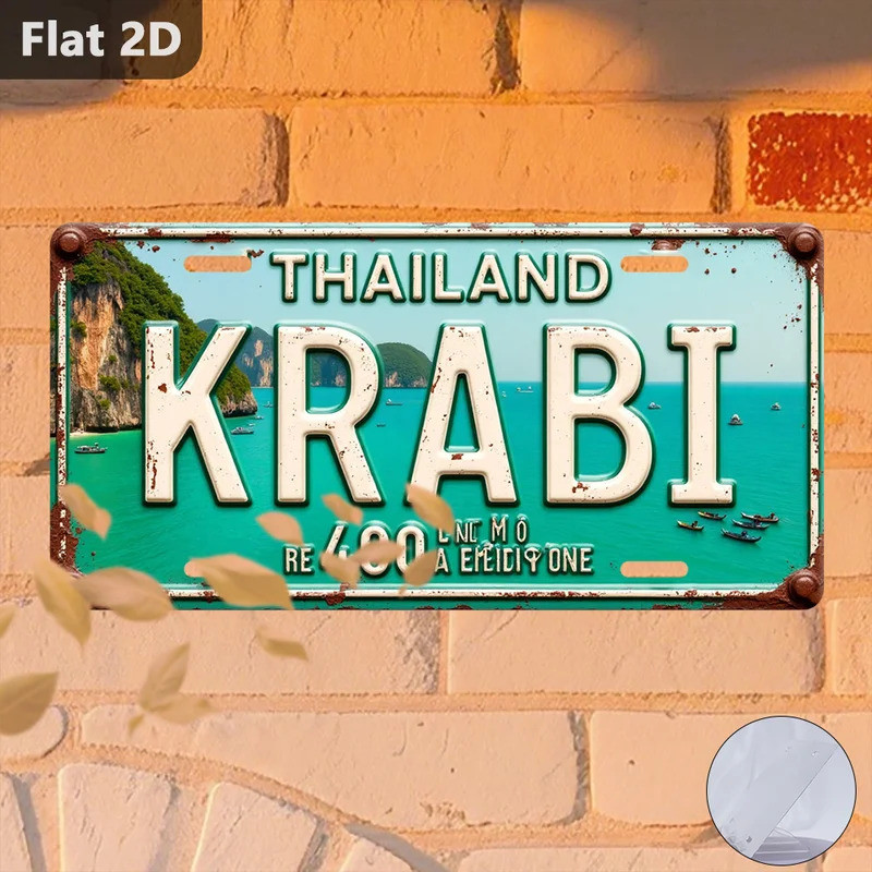 2pcs 2D Flat  Sign | Thailand Krabi Decorative Plaque, Vintage Aluminum Wall Decor, Travel Souvenir,