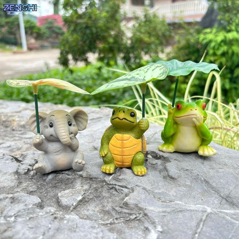 [Zen-t] ตุ๊กตาสัตว์พร้อมร่มชุดเต่าช้างกบเครื่องประดับเรซินสําหรับสวนขนาดเล็ก Terrarium