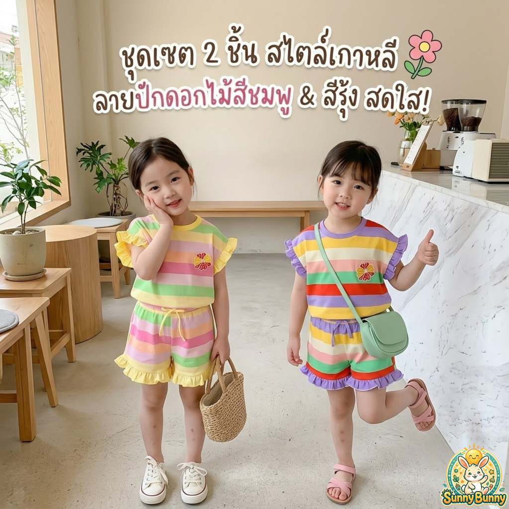 ชุด2ชิ้น สําหรับเด็กผู้หญิง ลายปักดอกไม้สีชมพู เสื้อคอกลม แขนสั้น กางเกง สไตล์เกาหลี  สีรุ้งพร้อมส่งในประไทย