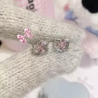 ต่างหูรูปหัวแมวสีชมพูประดับเพชรเทียม สไตล์เกาหลี ทันสมัยและน่ารัก เหมาะสำหรับเด็กผู้หญิงและนักเรียน เหมาะเป็นของขวัญอย
