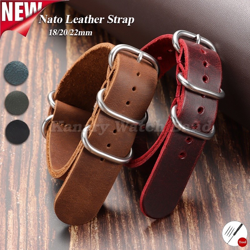 Vintage NATO สายนาฬิกาหนังแท้ 18 มม.20 มม.22 มม.Universal One Piece Loop Cowhide Premium สายนาฬิกาผู
