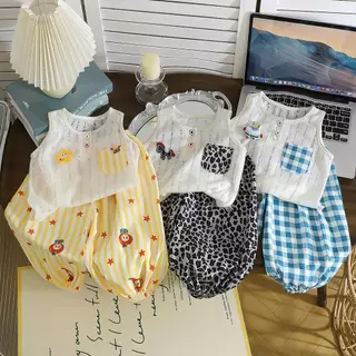 MooDeng Baby เซตเด็กชายแขนกุด 1-6ขวบ มี4แบบให้เลือก งานตุ๊กตาติดหน้าอก กางเกงขายาว เสื้อดีไซน์แบบขาด