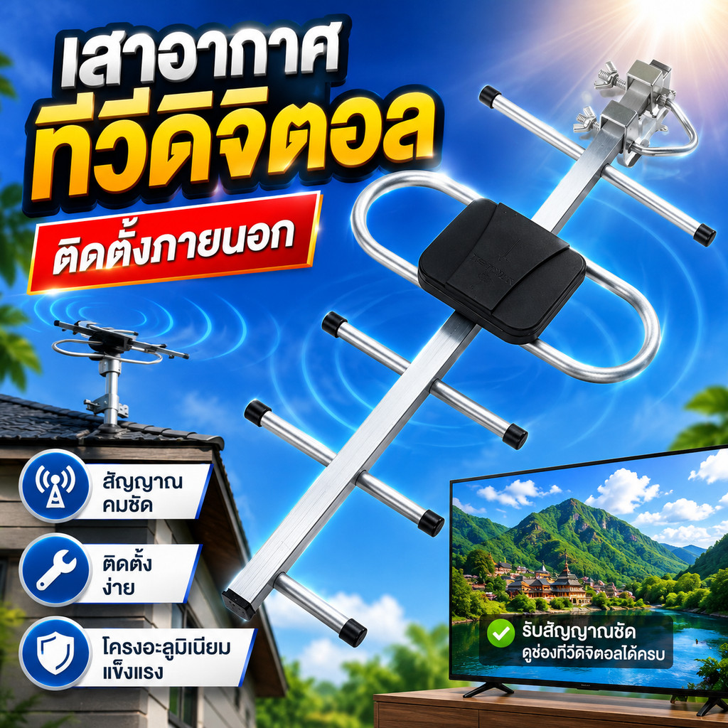 เสาอากาศดิจิตอลทีวี แบบภายนอก แบบภายใน แถมสาย 10 เมตร ภาพคมชัด รับสัญญาณดี ติดตั้งง่าย ดูทีวีดิจิตอล COD