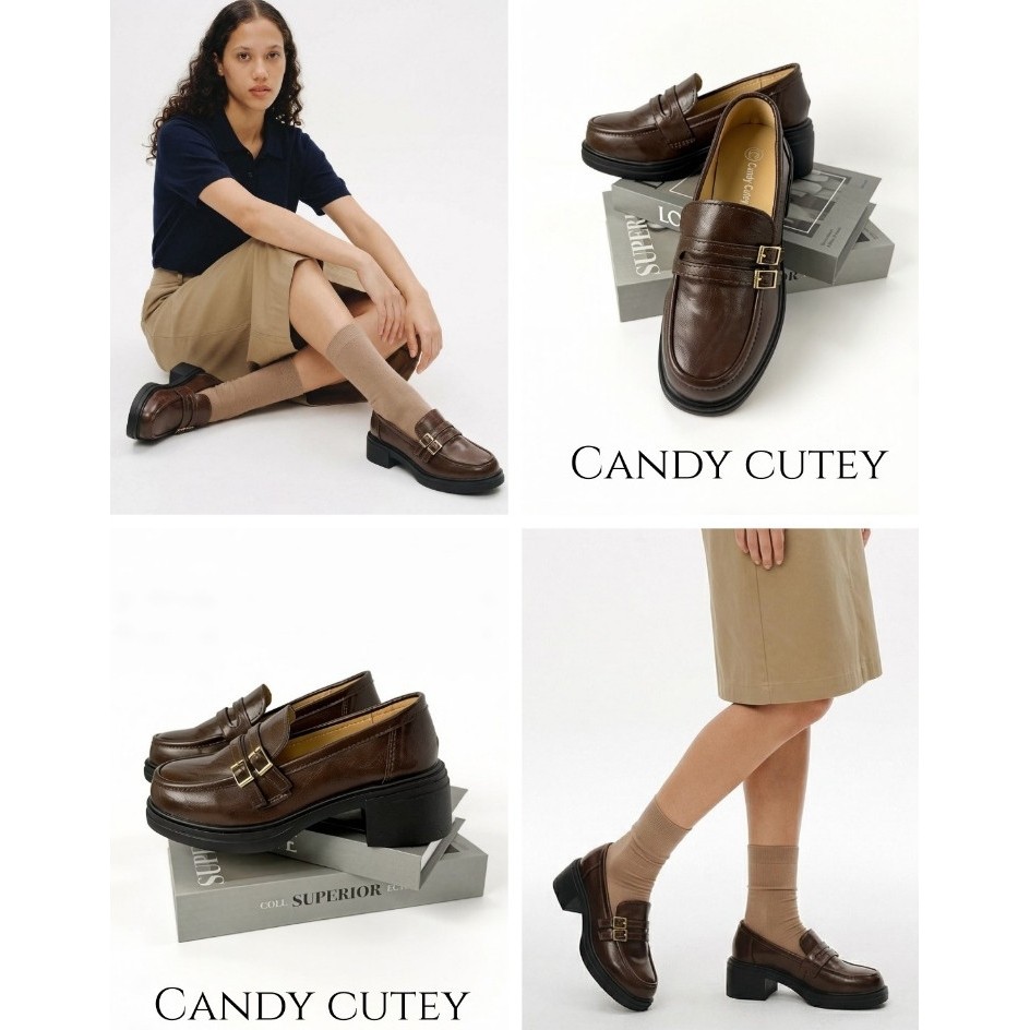 Candy Cutey รองเท้าโลฟเฟอร์เสริมส้น ทรงสวยคลาสสิก ดีไซน์เรียบหรูสไตล์วินเทจ โดดเด่นด้วยสายรัดหน้าเท้าพร้อมบัคเคิลสีทองเ
