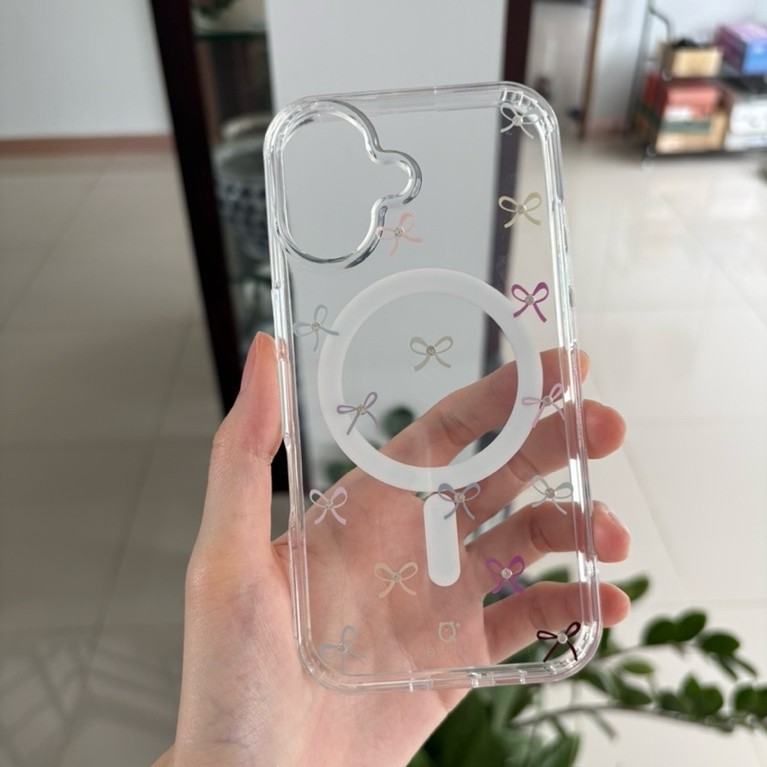 เคสไอโฟน16 แบรนด์ Qplus ลาย ribbons มีกากเพชร น่ารักสวยมาก ใสกริ๊บไม่เหลือง