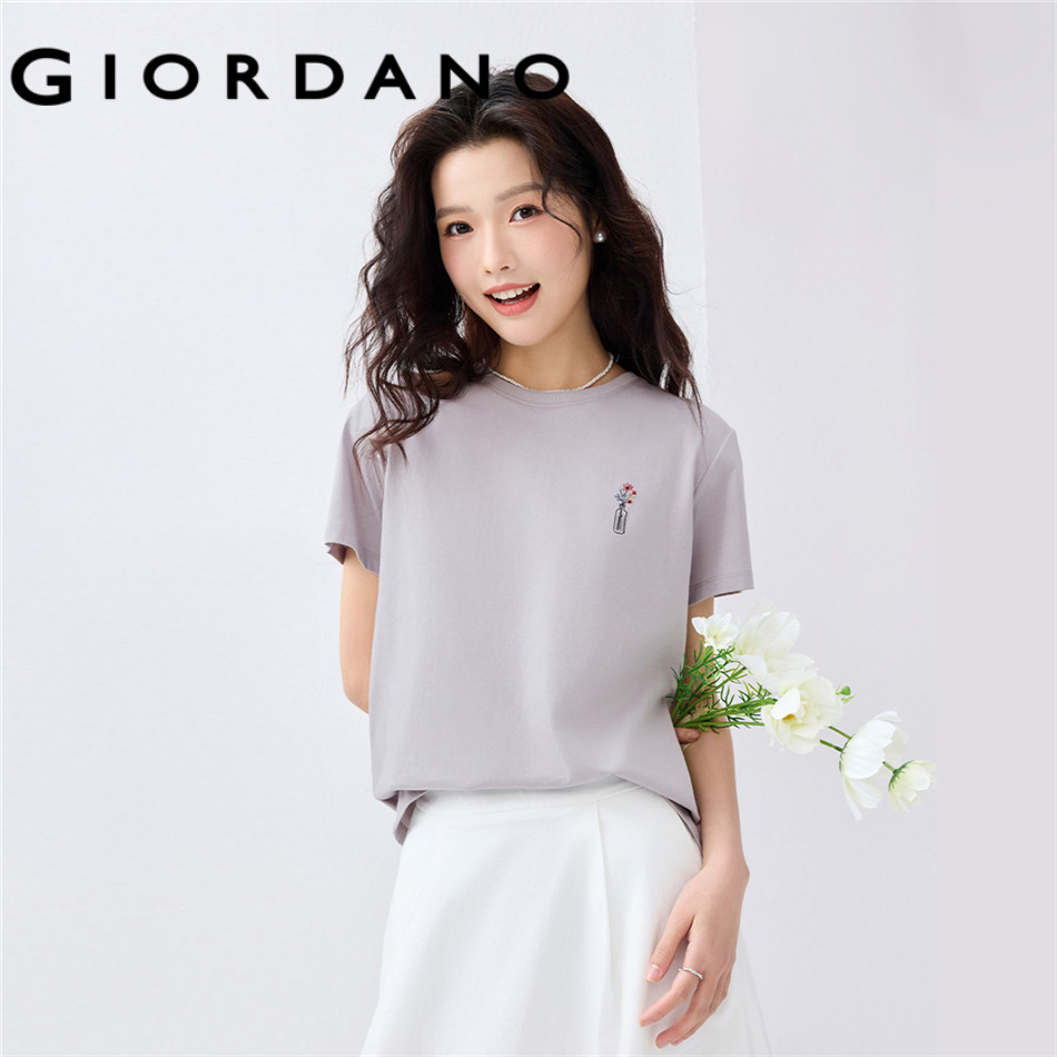 GIORDANO WOMEN 100% Cotton flower embroidery short sleeve tee 13325325