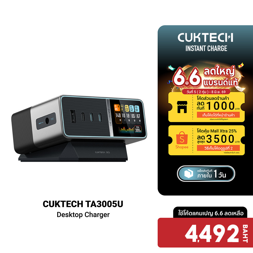 [ลดเหลือ 4492] CUKTECH TA3005U แท่นชาร์จ Desktop Charger DC Port 300W Max รองรับ PD3.1 , PPS 3 USB-C , 1 USB-A - 2Y