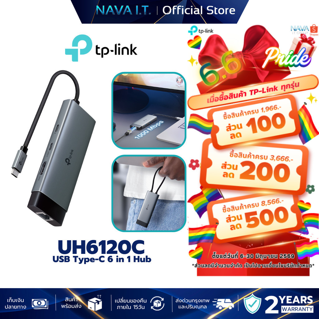 TP-LINK UH6120C ฮับยูเอสบี Type-C รองรับการใช้งาน 6 พอร์ต เชื่อมต่อหน้าจอเสริมผ่านพอร์ต HDMI ระดับ 4K