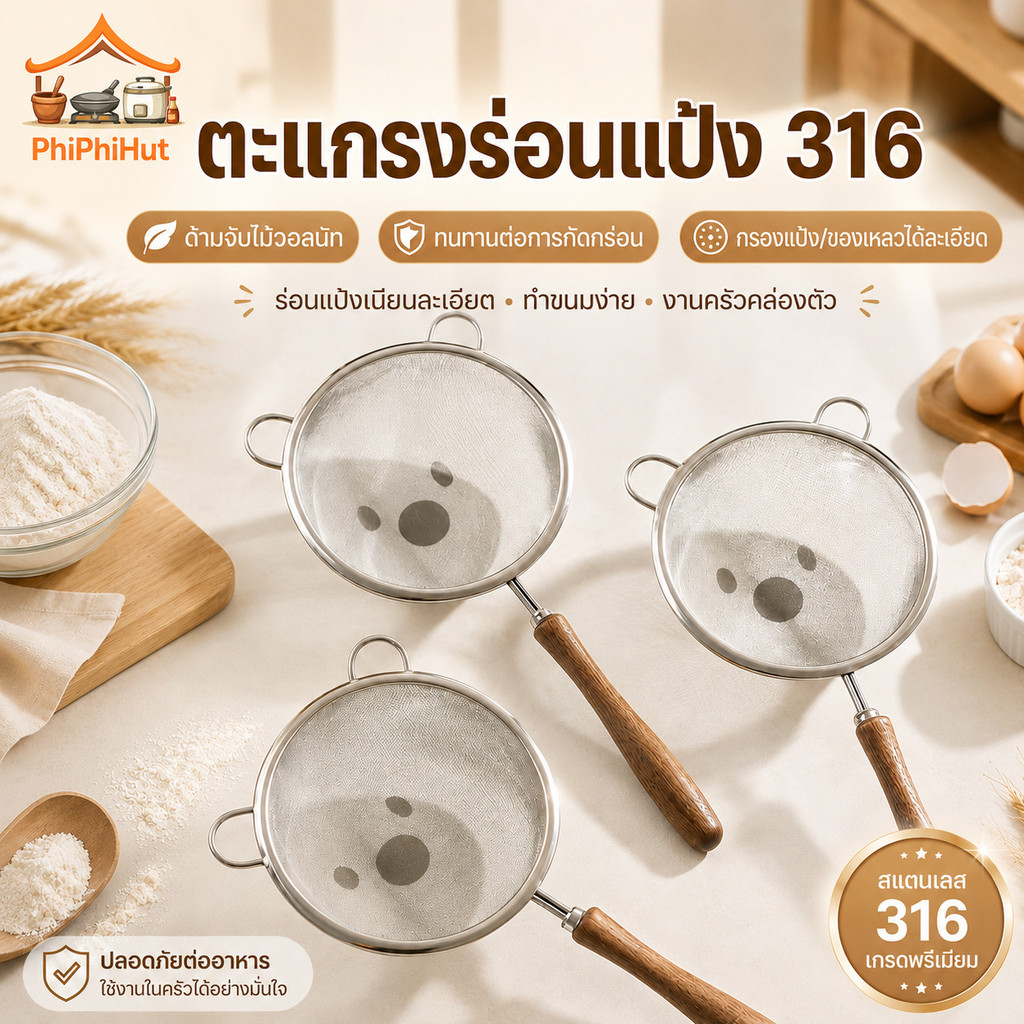 PPH ตะแกรงร่อนแป้ง 316 สแตนเลสตาข่ายกรองชั้นดี ตะแกรงกระชอน ต่อต้าน  กรองตาข่ายครัวเบเกอรี่เครื่องมือ