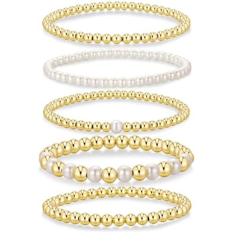 Yoosteel Gold Beaded Bracelets Set for Women Teen Girl Gift Non Tarnish - 14K Gold Plated Dainty Rou