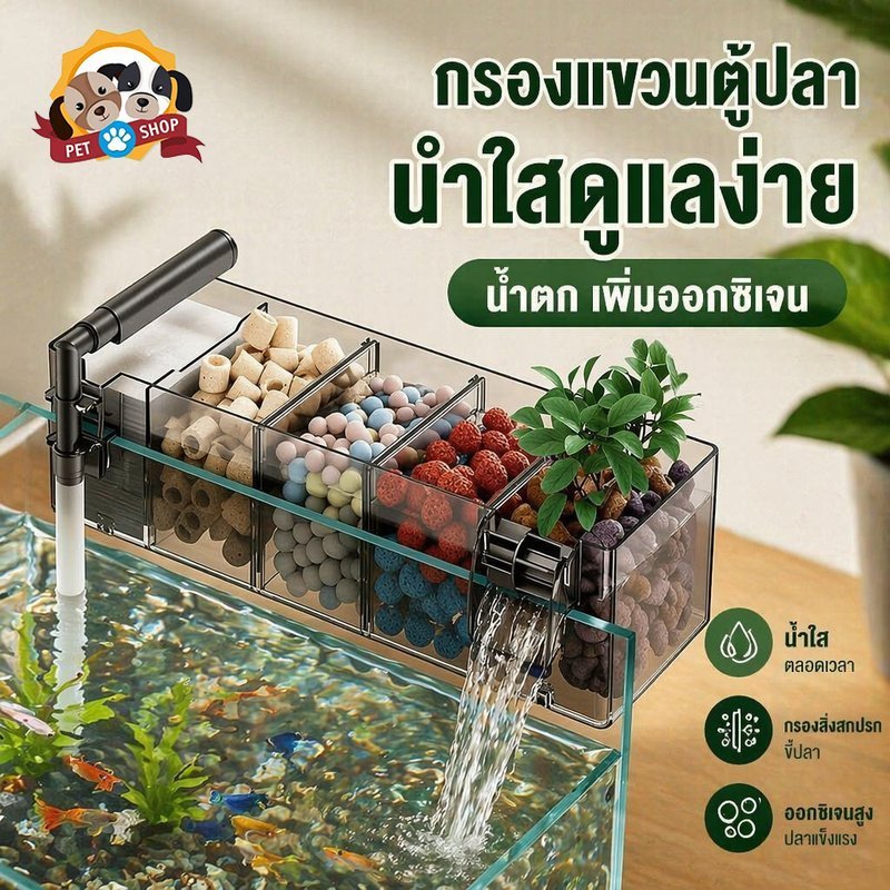 กรองน้ำตู้ปลา กรองแขวน 3in1 เครื่องกรองตู้ปลา น้ำใส เงียบ ประหยัดไฟ เพิ่มออกซิเจน น้ำตก