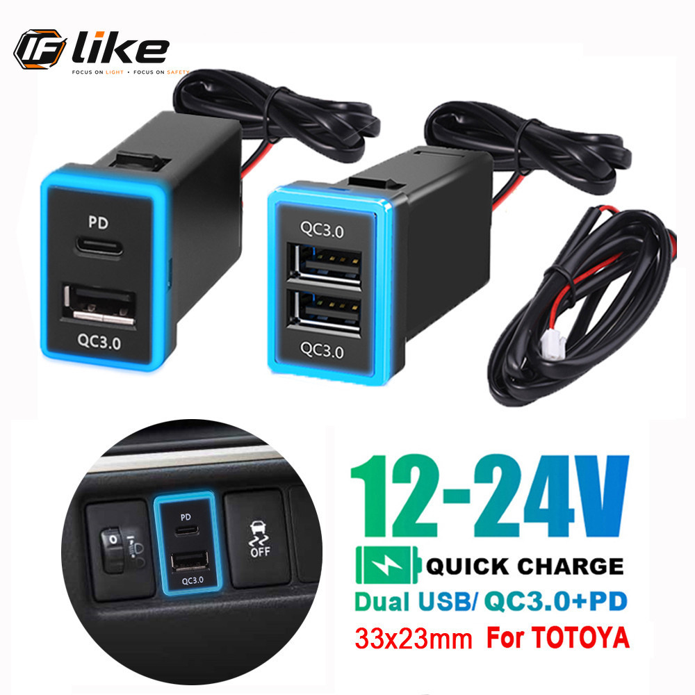 Quick Charge PD QC3.0 Dual USB ซ็อกเก็ตชาร์จโทรศัพท์จอแสดงผล LED Fast Charging ประเภท C อะแดปเตอร์ 33x23 มม. 12-24 V สําหรับ Toyota