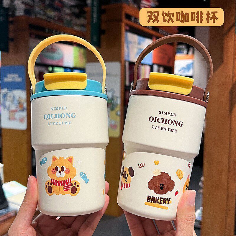 ใหม่การ์ตูน316ถ้วยเก็บความร้อนสแตนเลสหลอดดื่มคู่ถ้วยกาแฟแบบพกพานักเรียนน่ารักถ้วยน้ํามูลค่าสูง 4เค9ยู