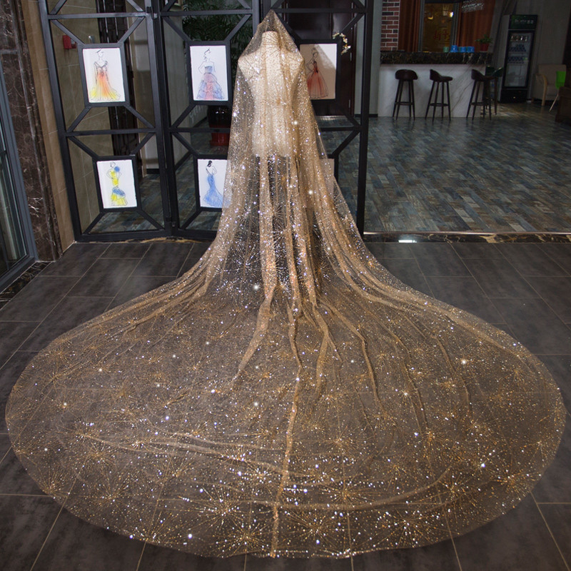 Tik Tok สไตล์เดียวกัน Veil bulingbuling Golden Wedding Bride Luxury Super Long Trailing Wedding Veil