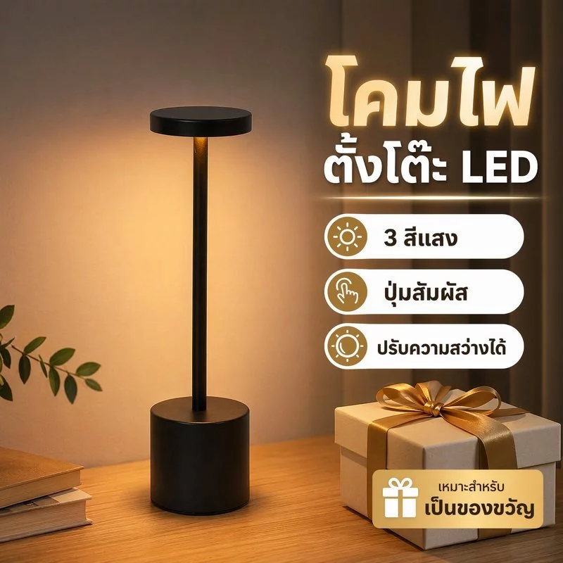 โคมไฟตั้งโต๊ะ โคมไฟหัวเตียง ไฟ LED 3สี หรี่แสงได้ สัมผัส USB ชาร์จได้ มินิมอล ถนอมสายตา